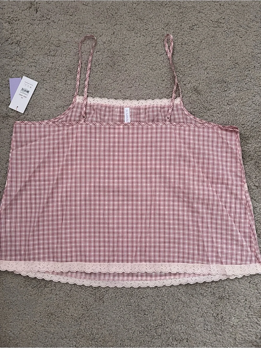 Lace-Trim Pink Plaid Cami Chemise